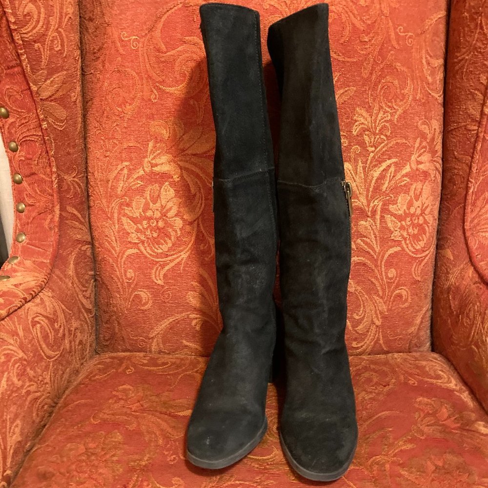 TALL 9WEST BLACK SUEDE 2" HEEL BOOTS
